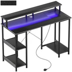 LED Computer Desk, with Power Outlets and Shelves - Carbon Fibre Grey