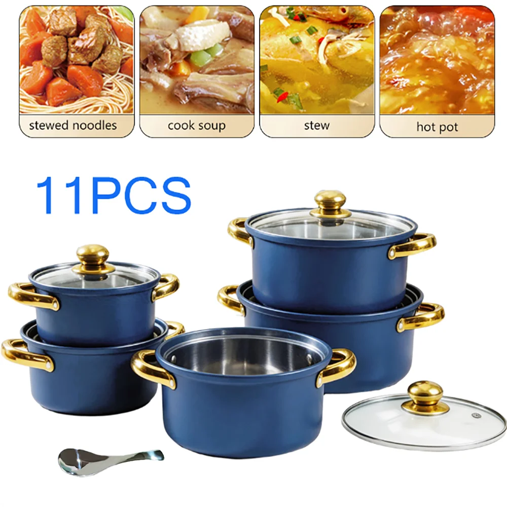 10-Piece Blue Stainless Steel Cookware Set with Glass Lids & Gold-Colored Dual Handles