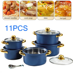 10-Piece Blue Stainless Steel Cookware Set with Glass Lids & Gold-Colored Dual Handles
