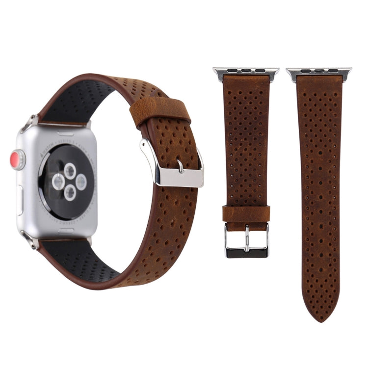 For Apple Watch Series 10 42mm / 9&8&7 41mm / SE 3&SE 2&6&SE&5&4 40mm / 3&2&1 38mm Simple Fashion Genuine Leather Hole Pattern Watch Band, 38mm 38mm Brown