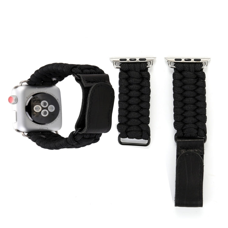 Magic Paste Genuine Leather Umbrella Rope Nylon Wrist Watch Band with and Stainless Steel Buckle for Apple Watch Series 10 42mm / 9&8&7 41mm / SE 3&SE 2&6&SE&5&4 40mm / 3&2&1 38mm, 7 41mm / 6&SE&5&4 40mm / 3&2&1 38mm 7 41mm 6&SE&5&4 40mm 3&2&1 38mm Black