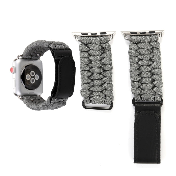 Magic Paste Genuine Leather Umbrella Rope Nylon Wrist Watch Band with Stainless Steel Buckle for Apple Watch Ultra 49mm&Watch Ultra 2 49mm / Series 10 46mm / 9&8&7 45mm / SE 3&SE 2&6&SE&5&4 44mm / 3&2&1 42mm, 7 45mm / 6&SE&5&4 44mm / 3&2&1 42mm 7 45mm 6&SE&5&4 44mm 3&2&1 42mm Grey