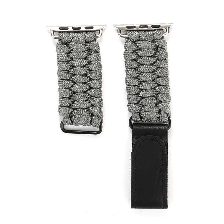 Magic Paste Genuine Leather Umbrella Rope Nylon Wrist Watch Band with Stainless Steel Buckle for Apple Watch Ultra 49mm&Watch Ultra 2 49mm / Series 10 46mm / 9&8&7 45mm / SE 3&SE 2&6&SE&5&4 44mm / 3&2&1 42mm, 7 45mm / 6&SE&5&4 44mm / 3&2&1 42mm