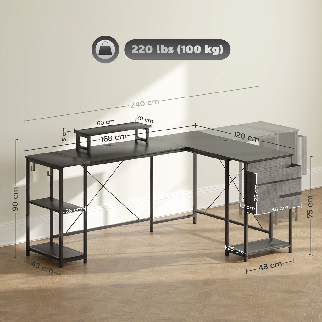 168cm Reversible L Shaped Desk, Industrial Corner Computer Desk with Adjustable Shelf and Storage Bag, 240cm 2 Person Desk with Monitor Stand, Black