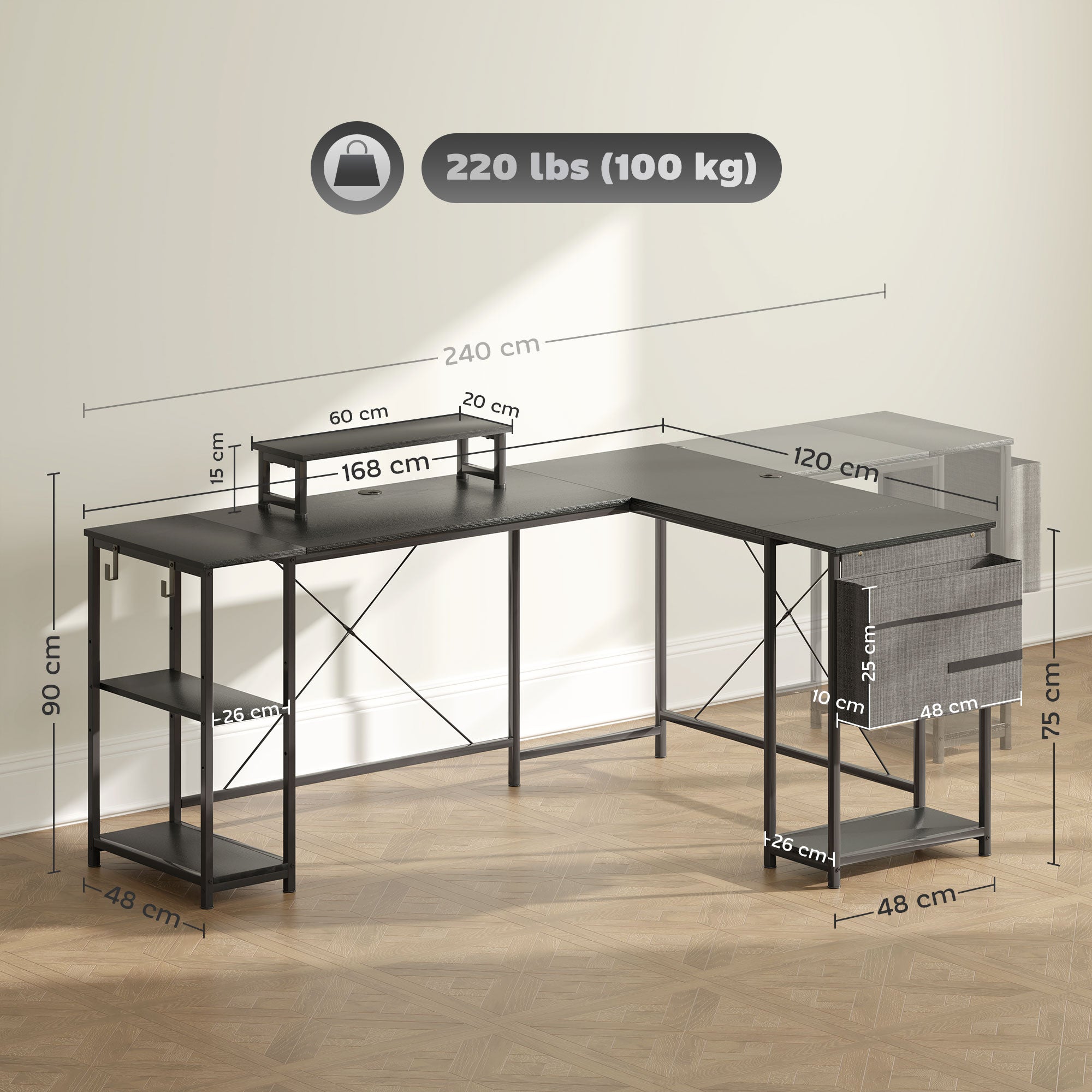 168cm Reversible L Shaped Desk, Industrial Corner Computer Desk with Adjustable Shelf and Storage Bag, 240cm 2 Person Desk with Monitor Stand, Black