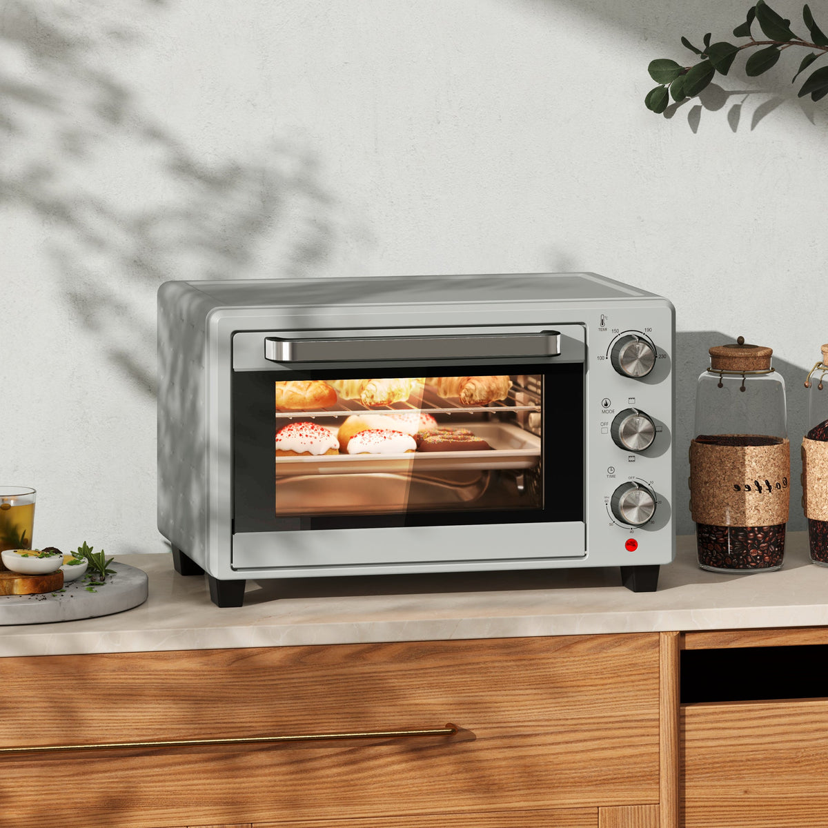 Mini Oven 21L Electric Grill w/ Adjustable Temp 1400W, Silver Tone