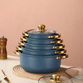 10-Piece Blue Stainless Steel Cookware Set with Glass Lids & Gold-Colored Dual Handles