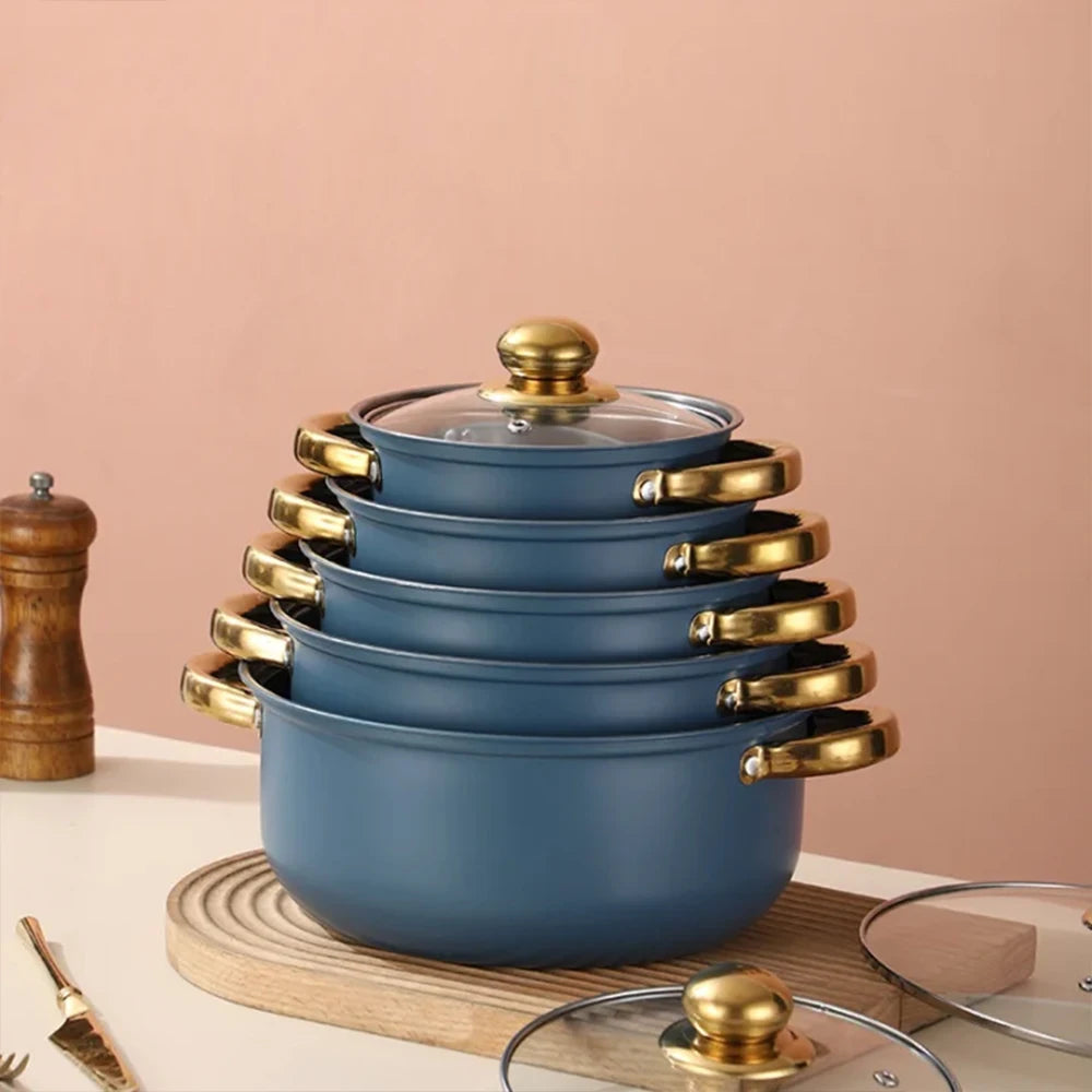 10-Piece Blue Stainless Steel Cookware Set with Glass Lids & Gold-Colored Dual Handles