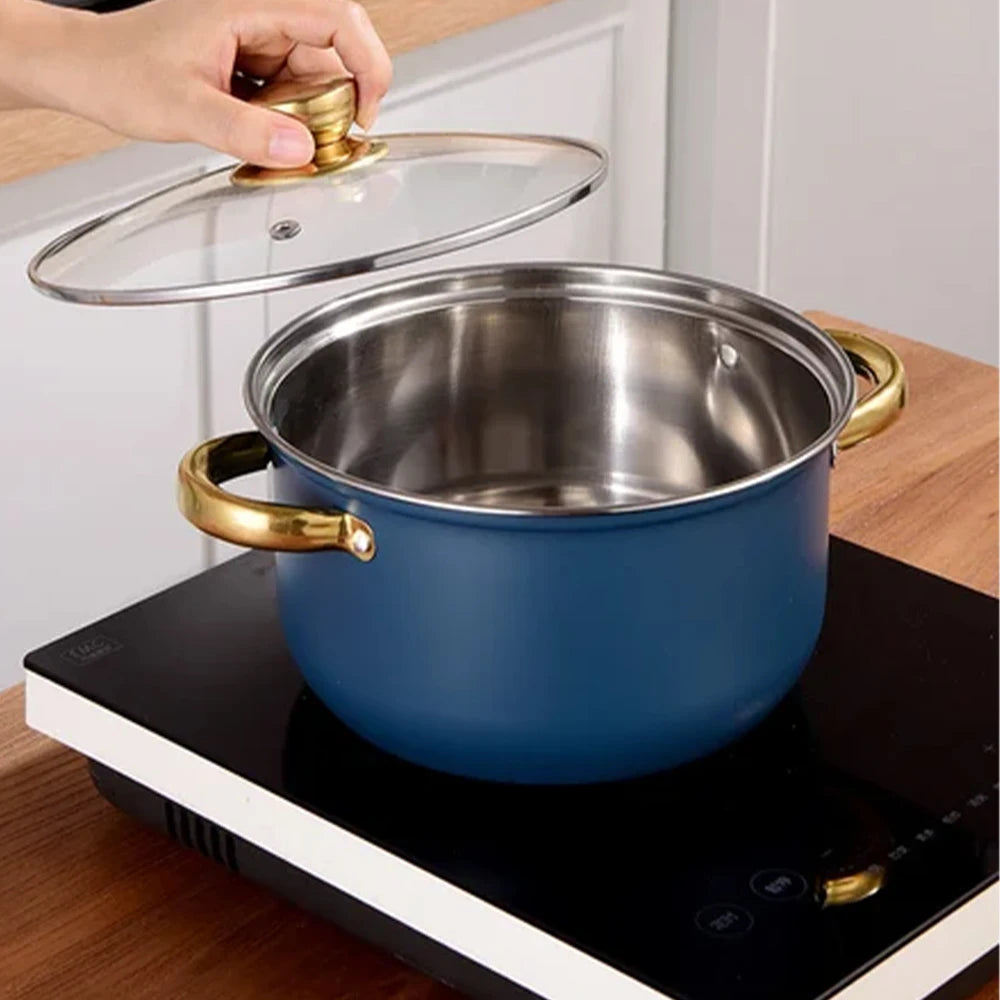 10-Piece Blue Stainless Steel Cookware Set with Glass Lids & Gold-Colored Dual Handles
