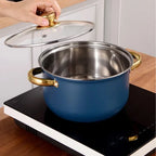 10-Piece Blue Stainless Steel Cookware Set with Glass Lids & Gold-Colored Dual Handles