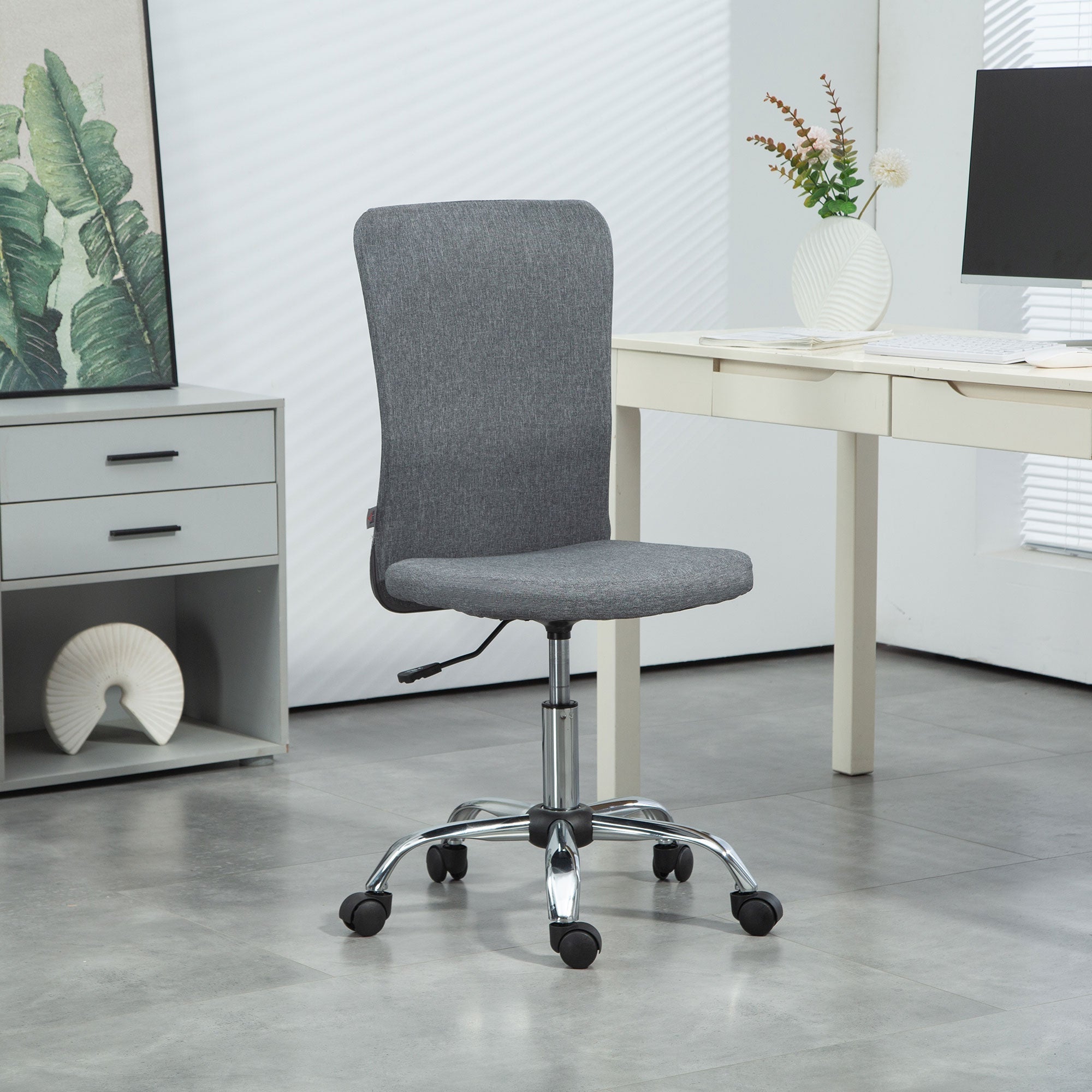 Armless Computer Desk Chair, Fabric Swivel Office Chair, Makeup Vanity Chair with Height Adjustable, Wheels, for Home Study Bedroom, Grey