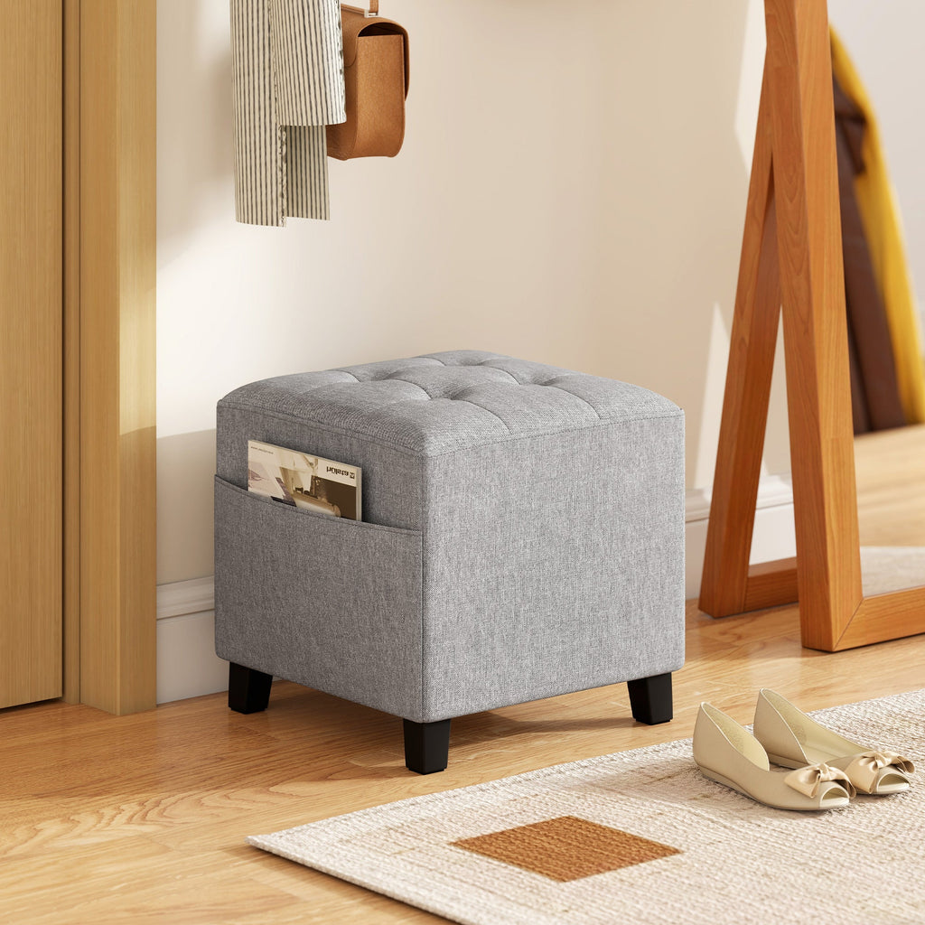 Square Footstool, Small Ottoman with Side Pocket, Linen Fabric Footrest with Rubber Wood Legs and Padded Seat, Light Grey Light Grey