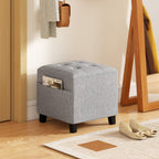 Square Footstool, Small Ottoman with Side Pocket, Linen Fabric Footrest with Rubber Wood Legs and Padded Seat, Light Grey Light Grey