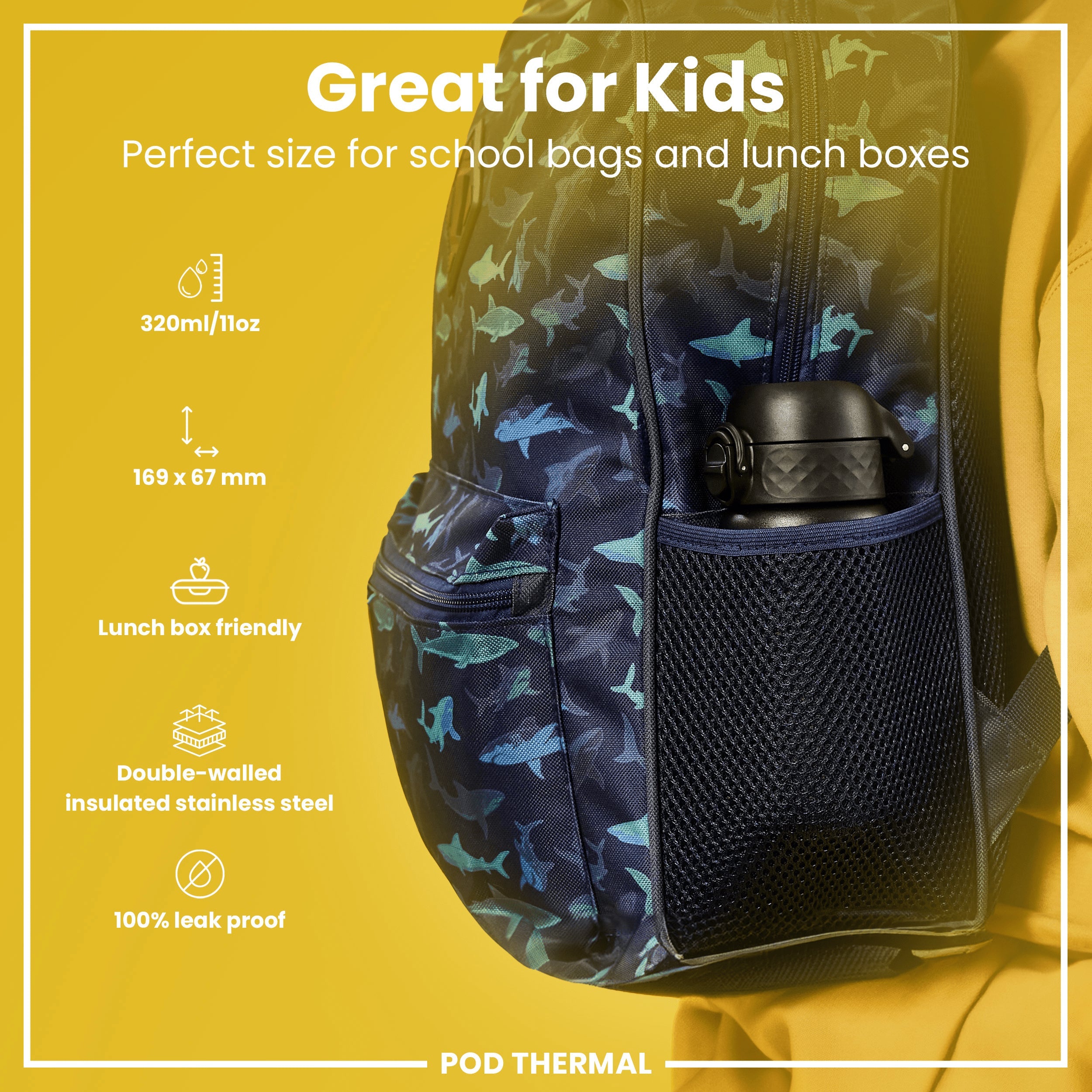Leak Proof Thermal Steel Water Bottle, Insulated, Black, 320ml (11oz)