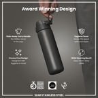 Leak Proof Slim Water Bottle, Stainless Steel, Grey, 600ml (20oz)