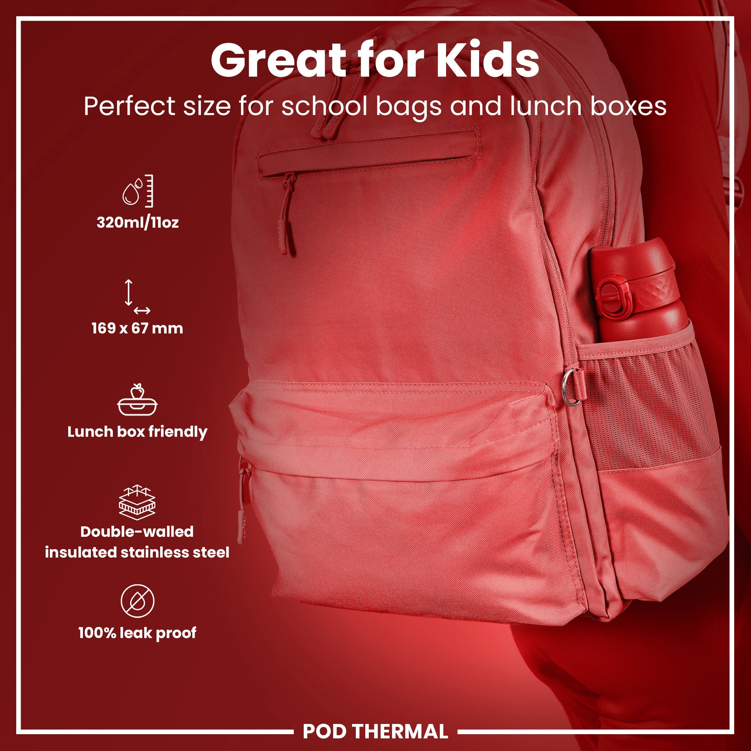 Leak Proof Thermal Steel Water Bottle, Insulated, Red, 320ml (11oz)