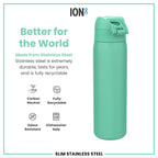 Leak Proof Slim Water Bottle, Stainless Steel, Teal, 600ml (20oz)