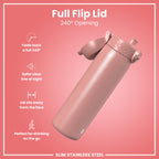 Leak Proof Slim Water Bottle, Stainless Steel, Ash Rose, 600ml (20oz)