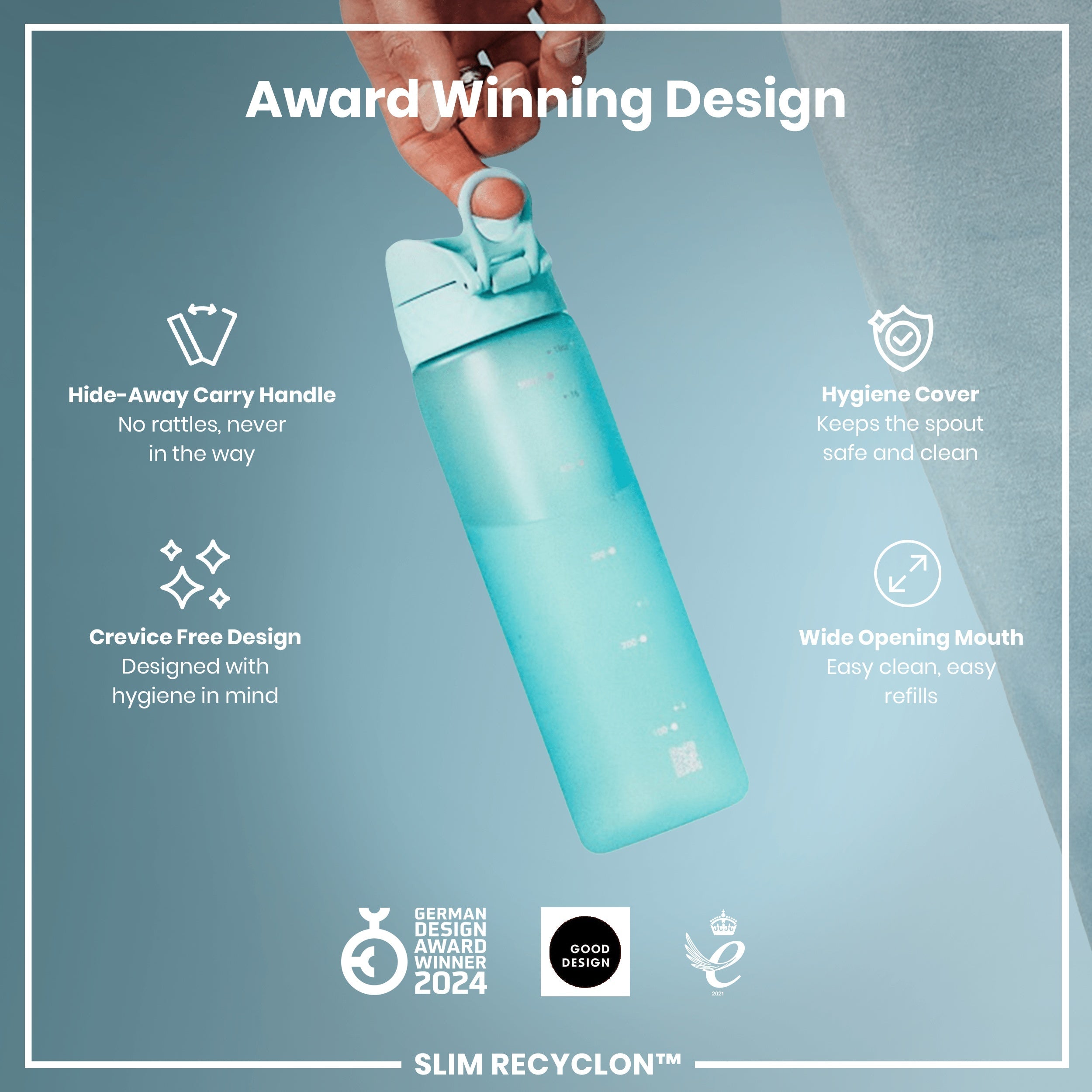Leak Proof Slim Water Bottle, Recyclon, Sonic Blue, 500ml (18oz)