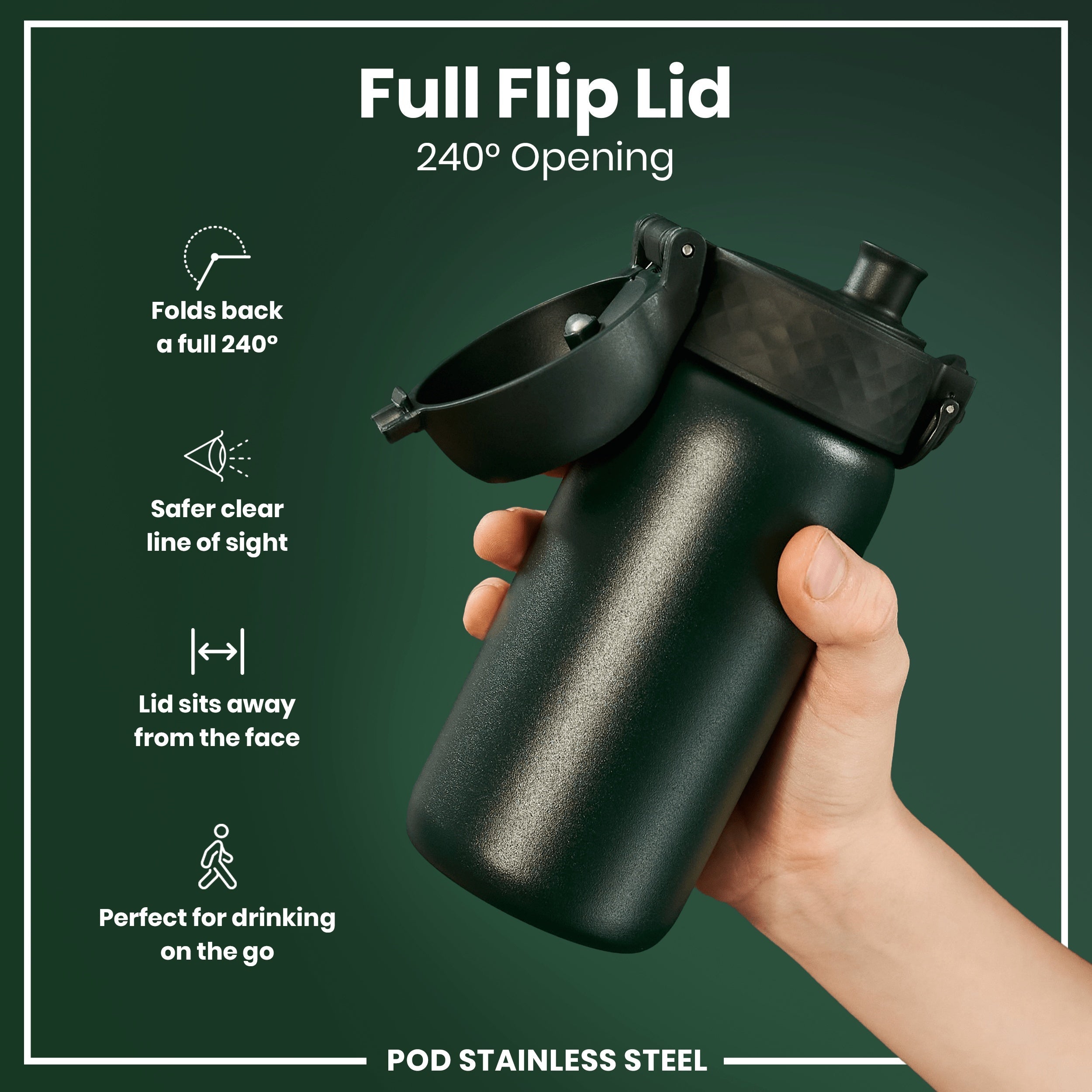 Leak Proof Kids Water Bottle, Stainless Steel, Dark Green, 400ml (13oz)