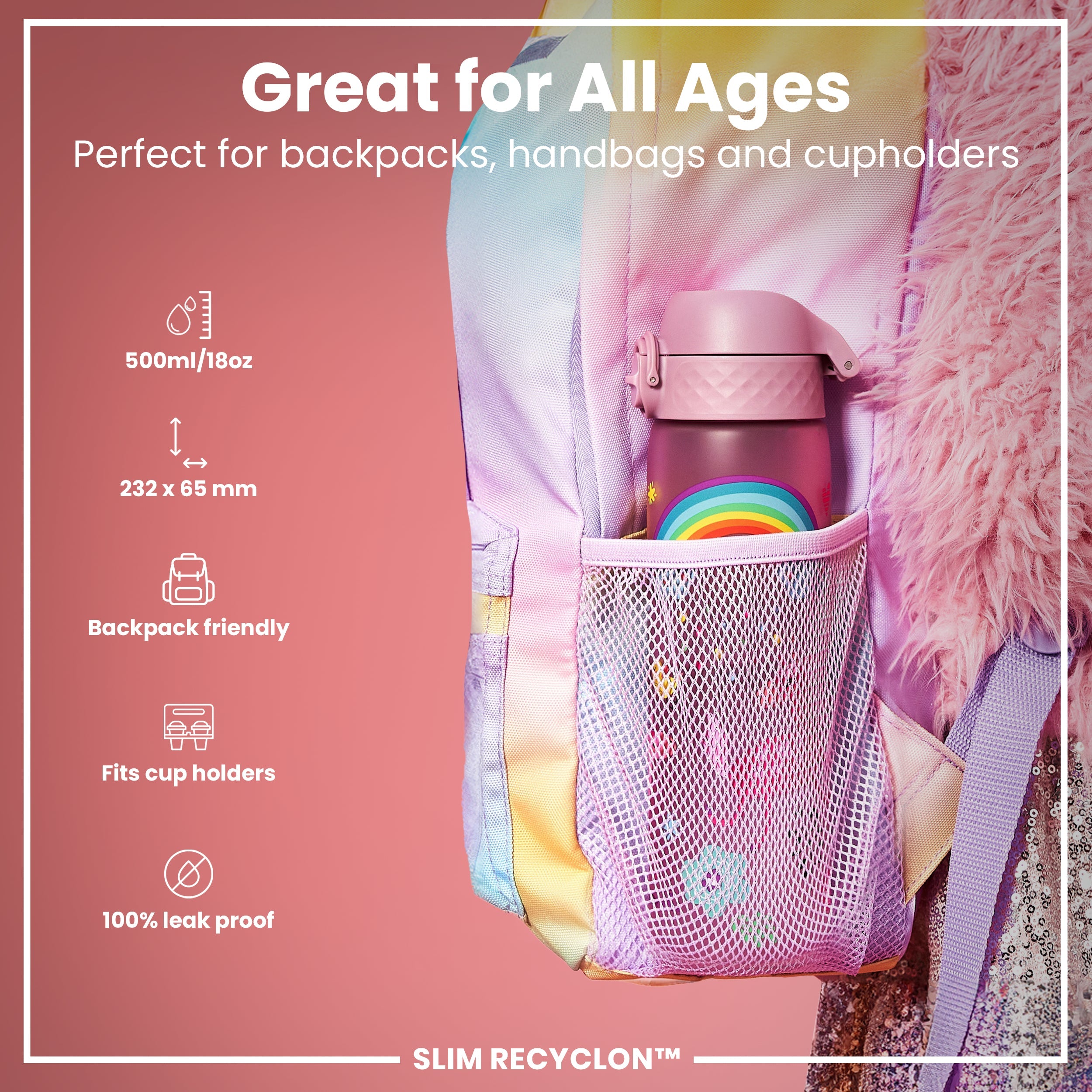 Leak Proof Slim Water Bottle, Recyclon, Unicorns, 500ml (18oz)
