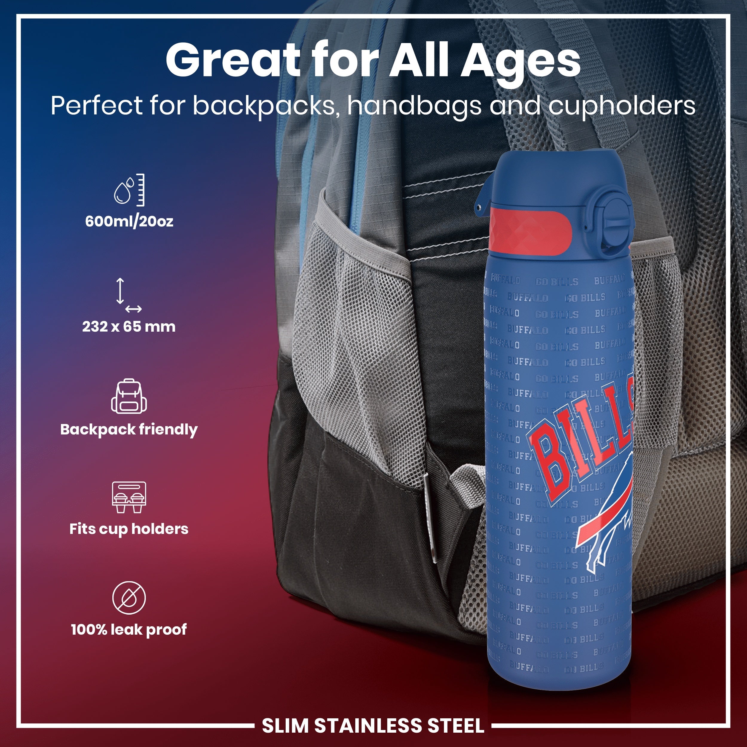 Leak Proof NFL Water Bottle, Stainless Steel, Buffalo Bills, 600ml (20oz)