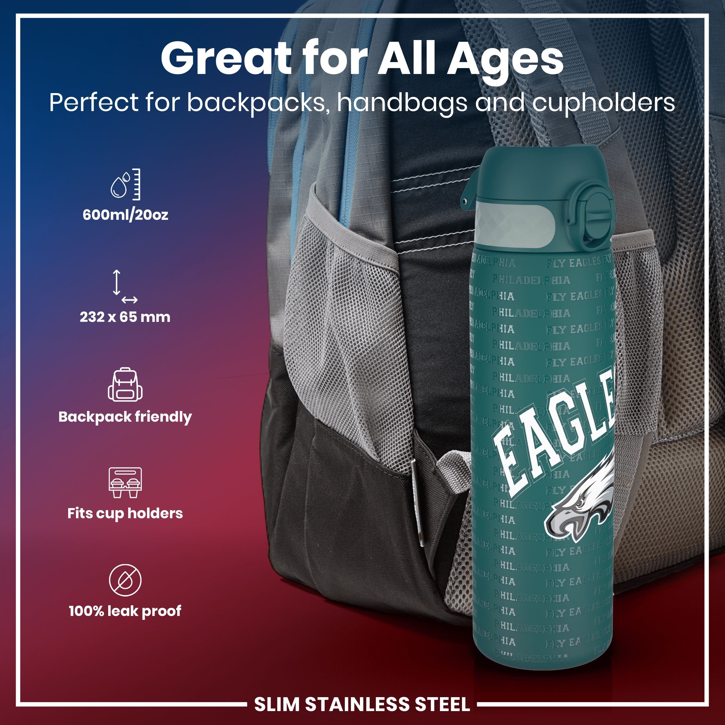 Leak Proof NFL Water Bottle, Stainless Steel, Philadelphia Eagles, 600ml (20oz)