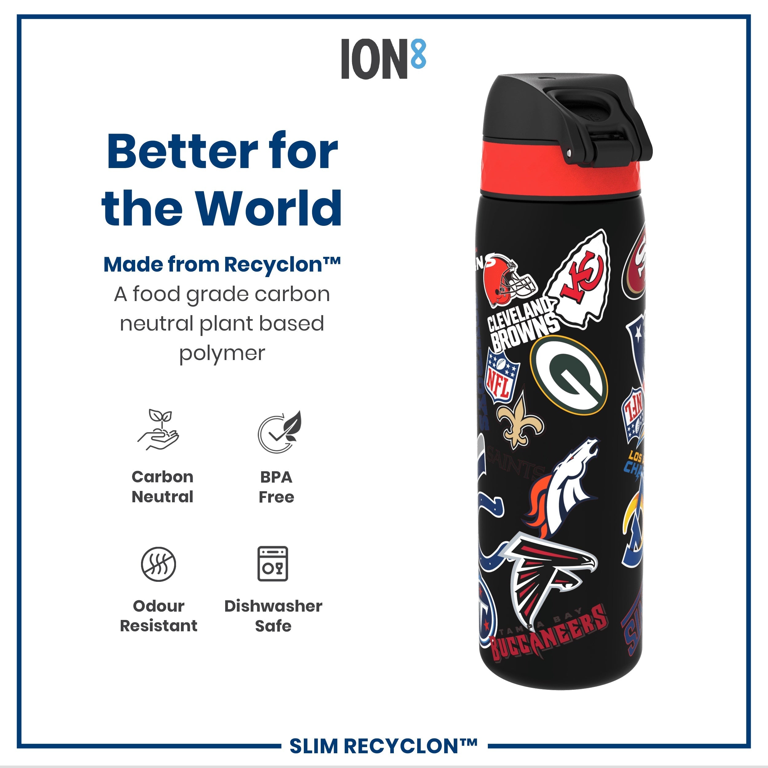Leak Proof NFL Water Bottle, Recyclon, Patch Logos, 500ml (18oz)