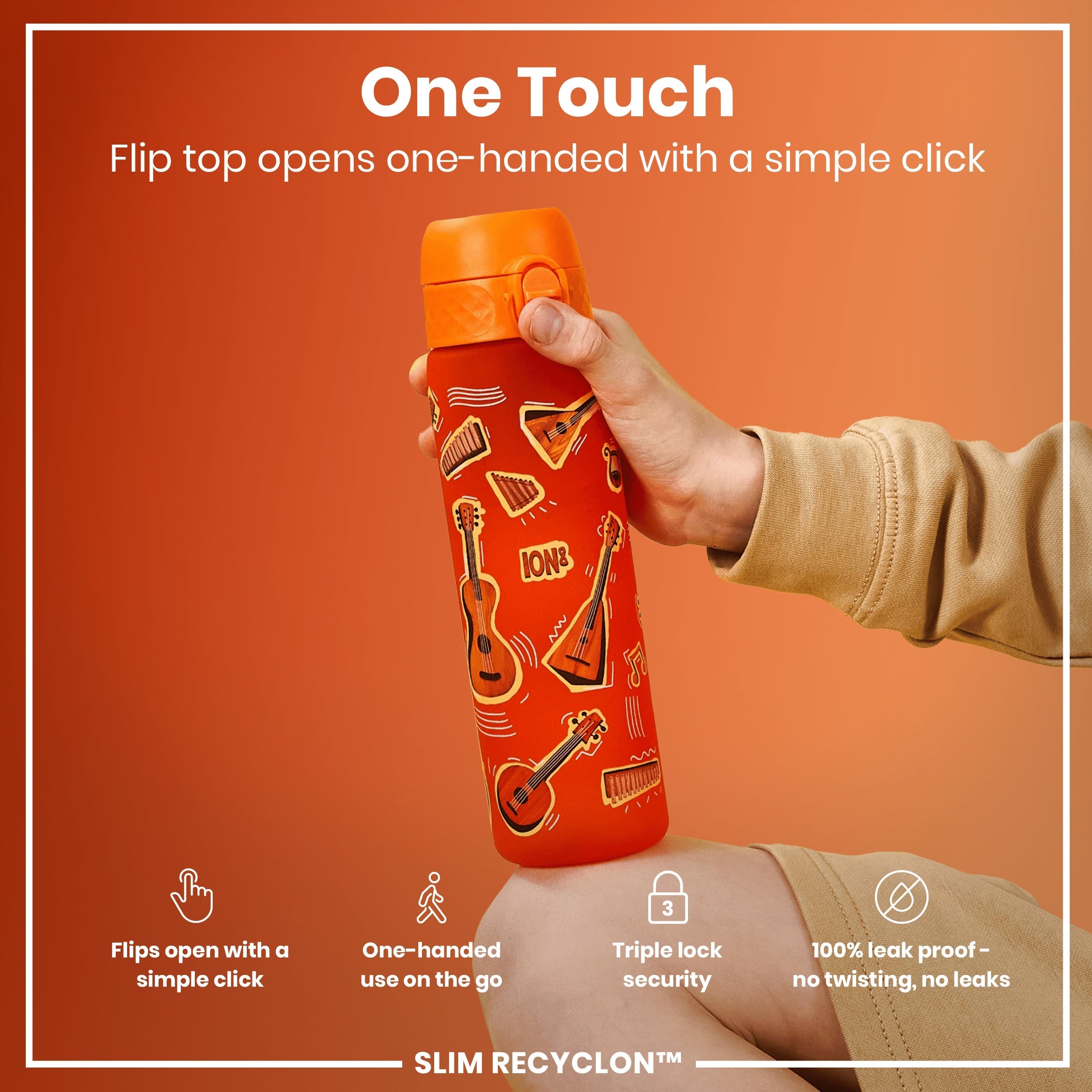 Leak Proof Slim Water Bottle, Recyclon, Music, 500ml (18oz)