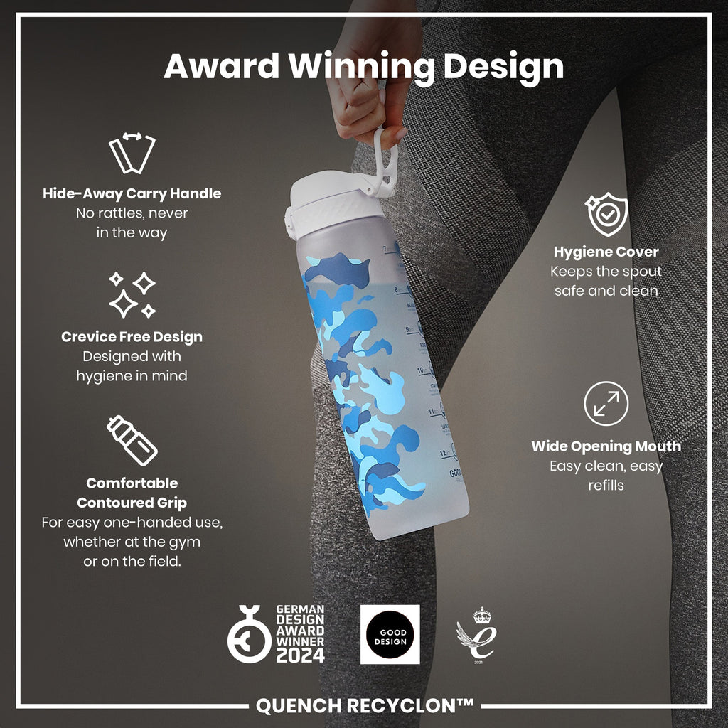 Leak Proof 1 Litre Water Bottle with Times to Drink, Recyclon, Camouflage, 1L