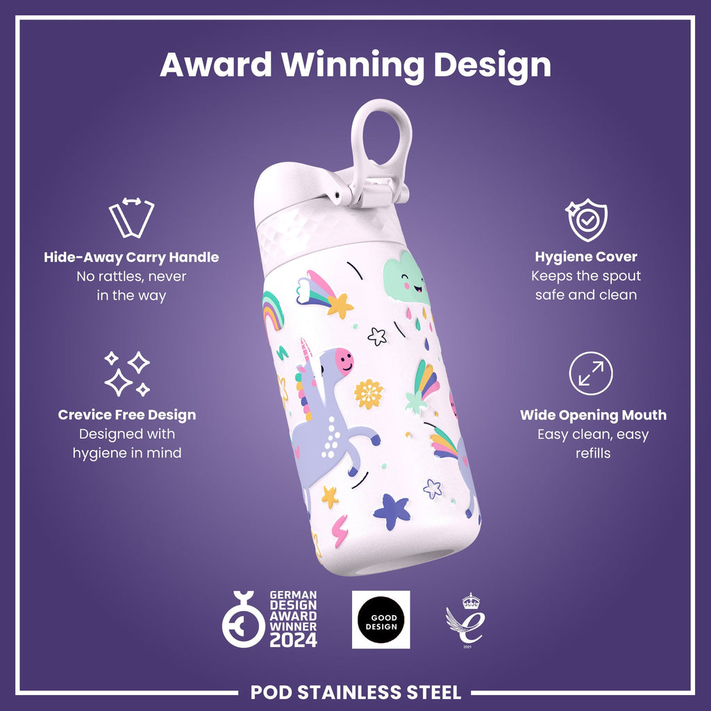 Leak Proof Kids Water Bottle, Stainless Steel, Unicorns, 400ml (13oz)