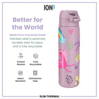 Leak Proof Slim Thermal Steel Water Bottle, Insulated, Unicorns, 500ml (17oz)