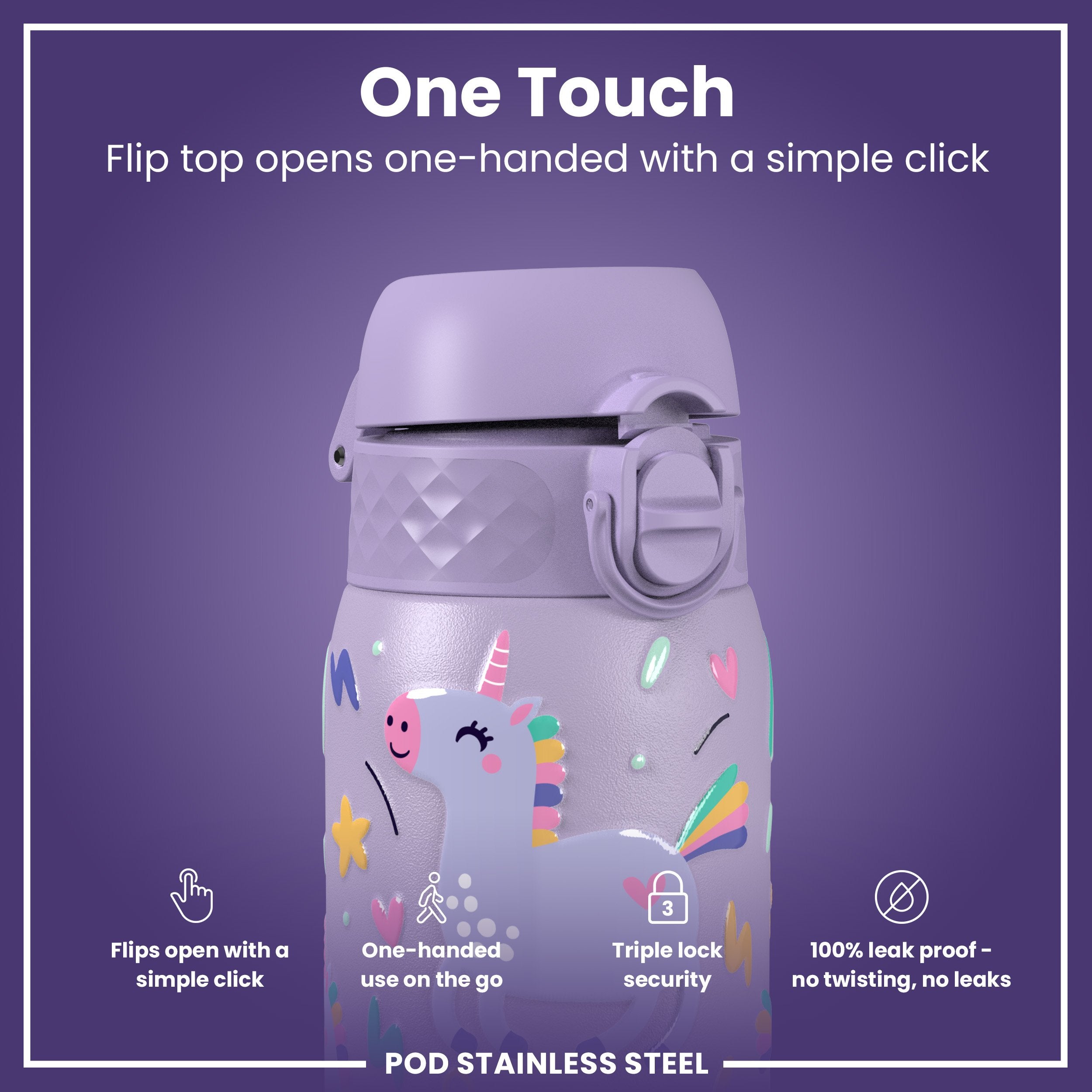 Leak Proof Kids Water Bottle, Stainless Steel, Purple Unicorns, 400ml (13oz)