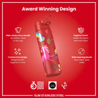 Leak Proof Slim Water Bottle, Stainless Steel, Red Unicorns, 600ml (20oz)