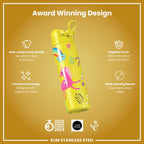 Leak Proof Slim Water Bottle, Stainless Steel, Yellow Unicorns, 600ml (20oz)