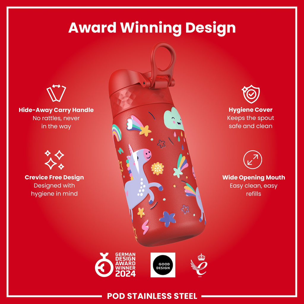 Leak Proof Kids Water Bottle, Stainless Steel, Red Unicorns, 400ml (13oz)