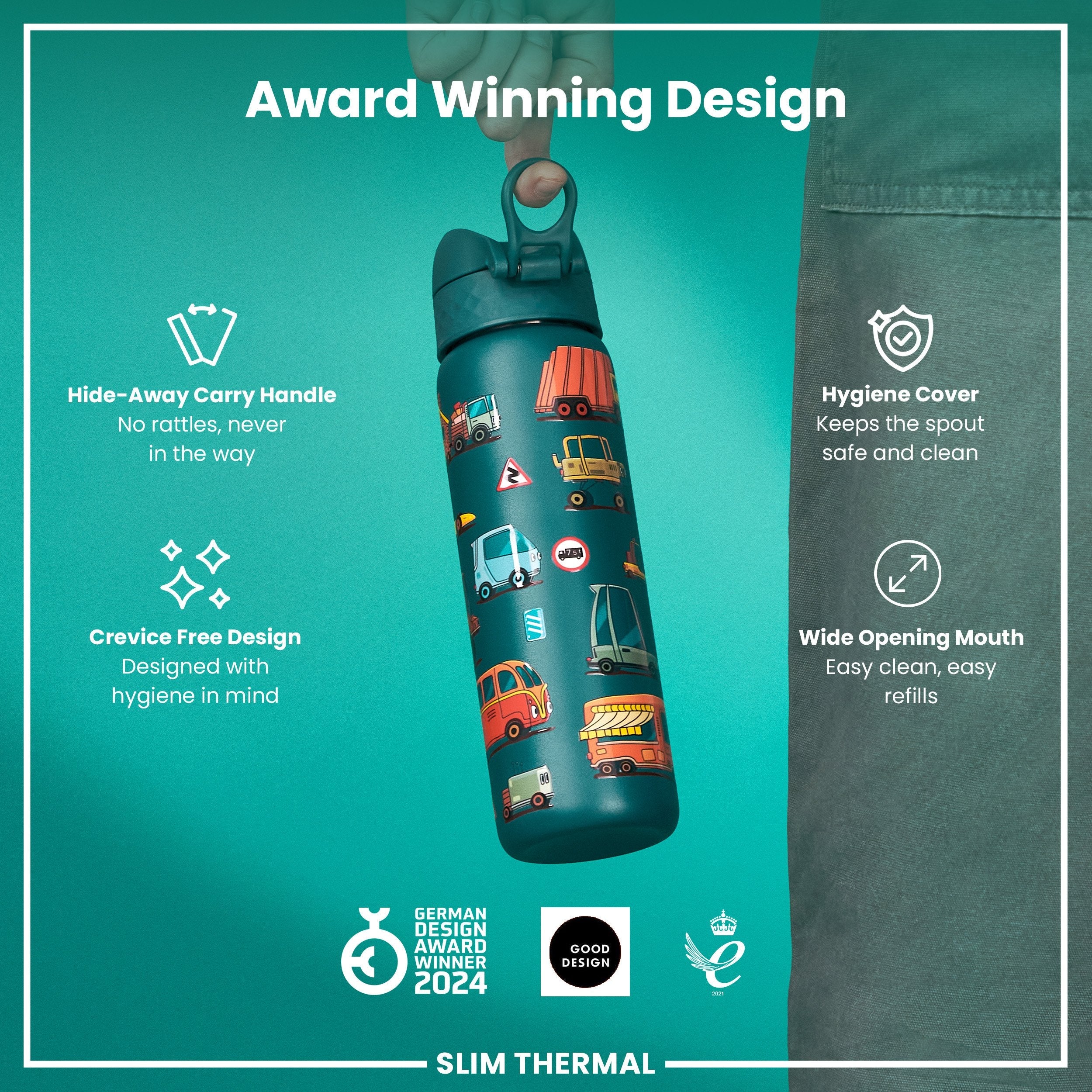 Leak Proof Slim Thermal Steel Water Bottle, Insulated, Automobiles, 500ml (17oz)
