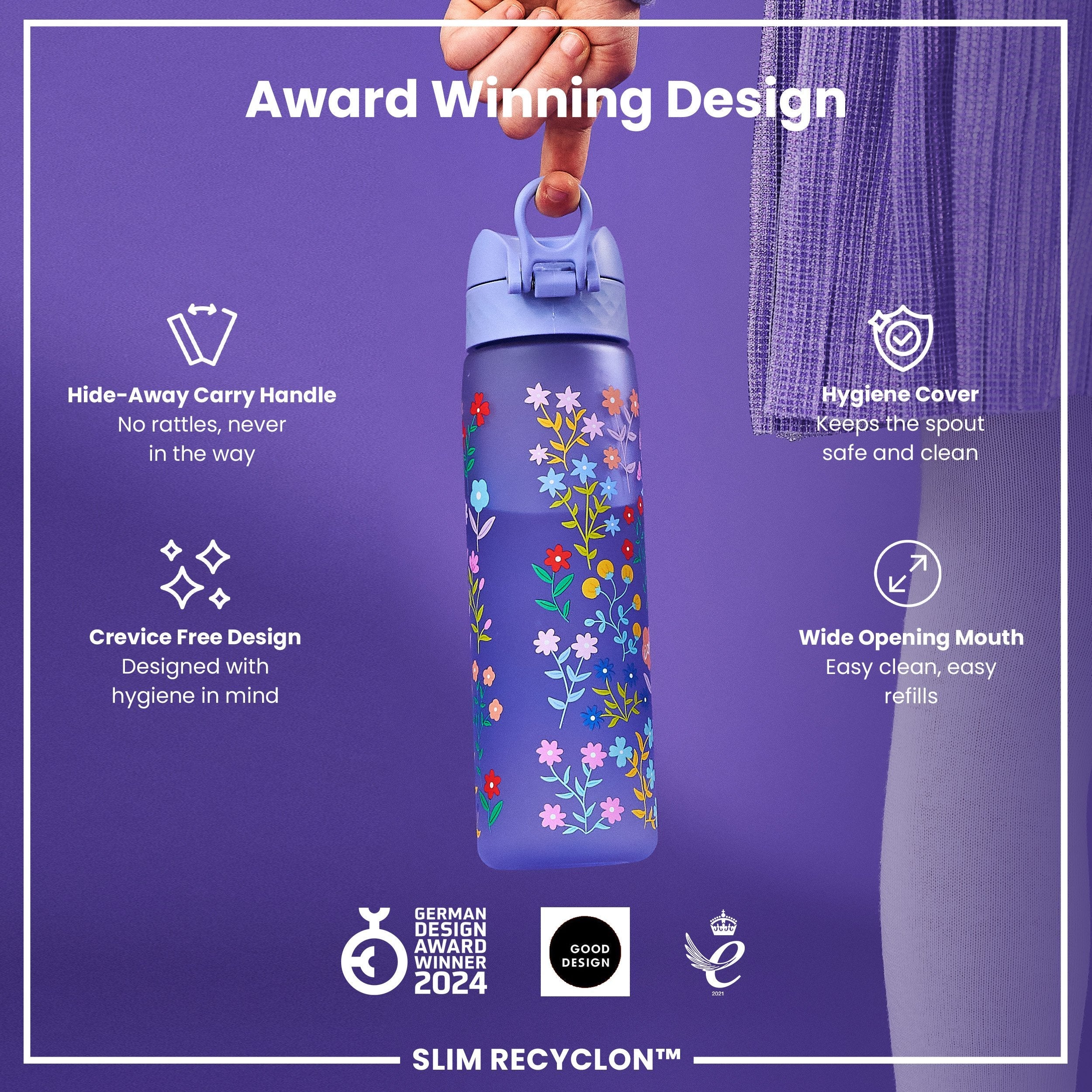 Leak Proof Slim Water Bottle, Recyclon, Ditsy Floral, 500ml (18oz)