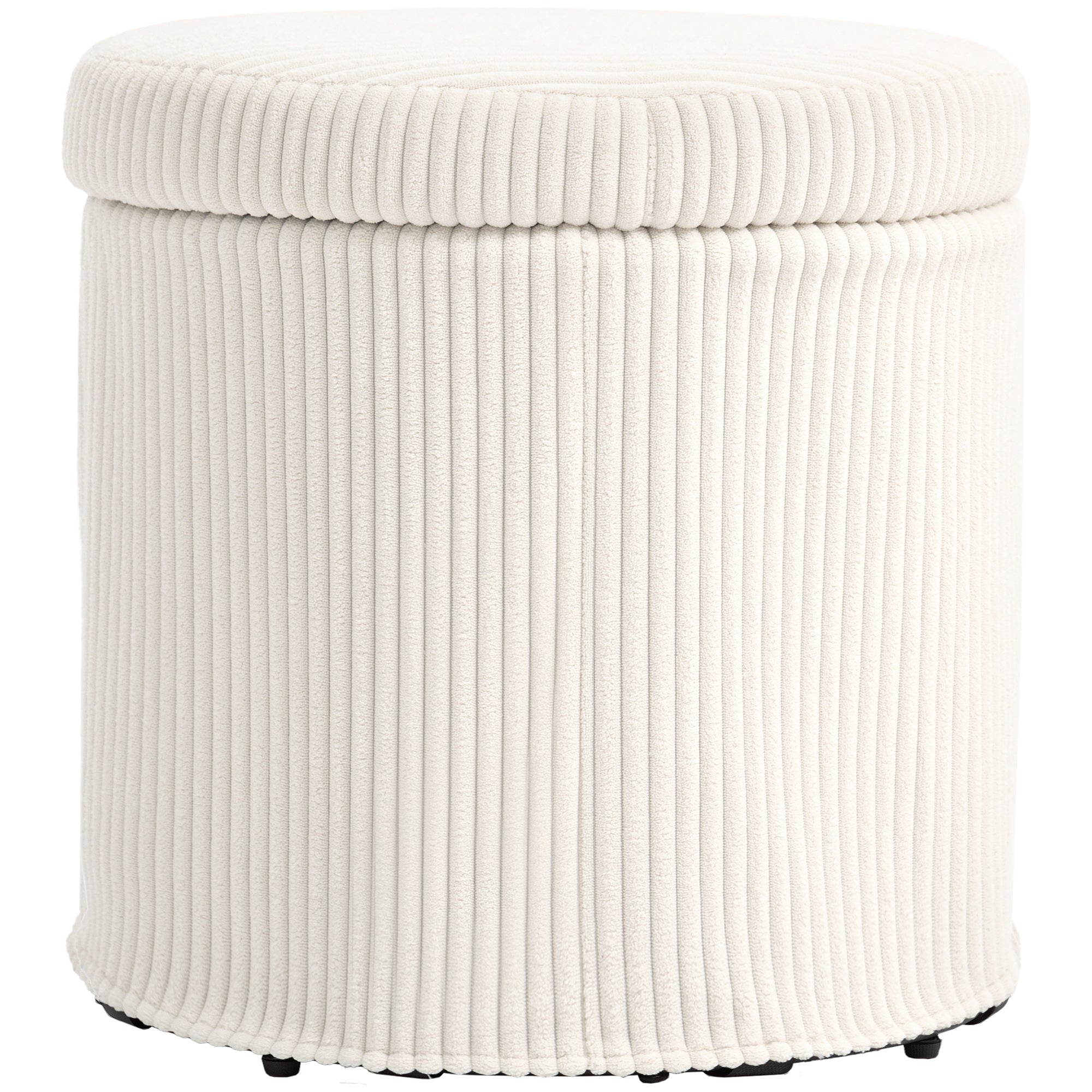 40cm Round Storage Ottoman, Corduroy Footstool with Removable Lid and Legs, Vanity Stool for Living Room, Bedroom, Beige Beige