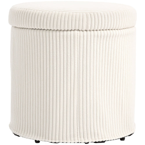 40cm Round Storage Ottoman, Corduroy Footstool with Removable Lid and Legs, Vanity Stool for Living Room, Bedroom, Beige Beige