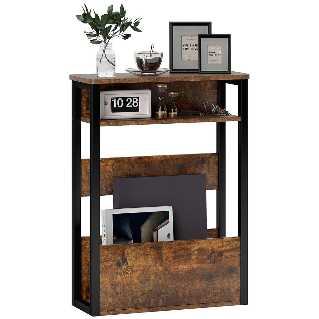 Narrow Side Table with Storage, Bedside End Table, Rustic Brown