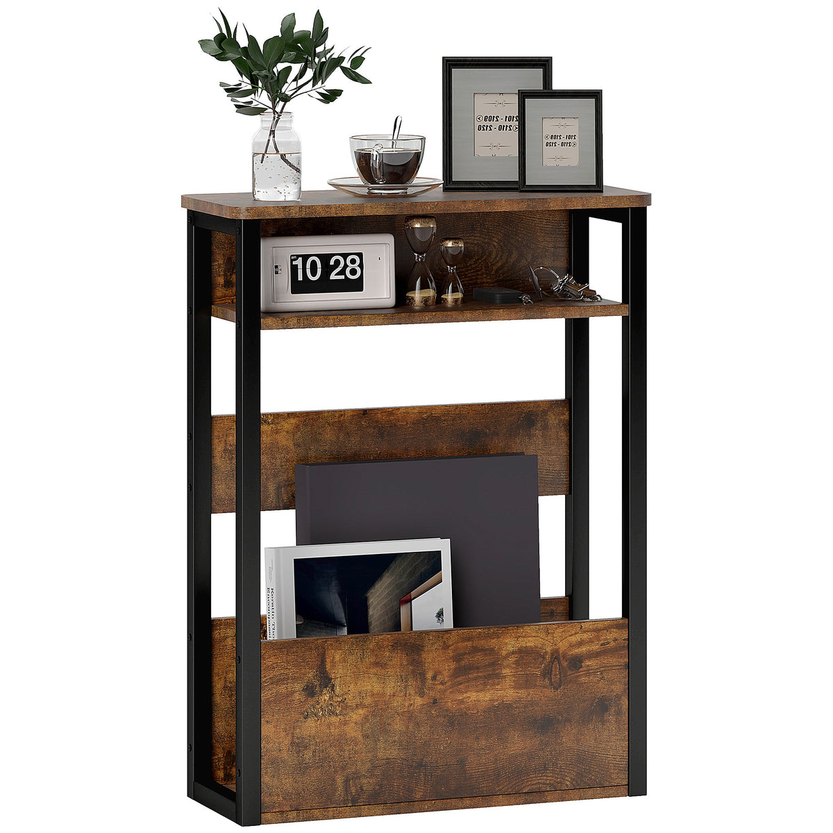 Narrow Side Table with Storage, Bedside End Table, Rustic Brown