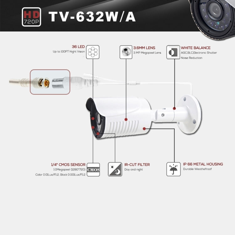 632A-H2 CE & RoHS Certificated Waterproof 3.6mm 5MP Lens AHD Camera with 36 IR LED, Support Night Vision & White Balance, 632A-W, 632A-L, 632A-H2