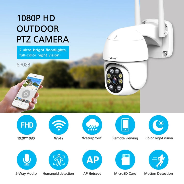 Sricam SP028 1080P HD Outdoor PTZ Camera, Support Two Way Audio / Motion Detection / Humanoid Detection / Color Night Vision / TF Card, US Plug, SP028 AU Plug, SP028 EU Plug, SP028 UK Plug, SP028 US Plug – TPU