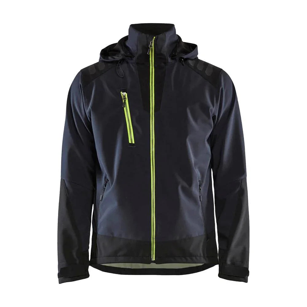 Blåkläder 4749 Stretch Hooded Softshell Jacket, wind and waterproof fabric Dark Navy Blue Hi-Vis Yellow