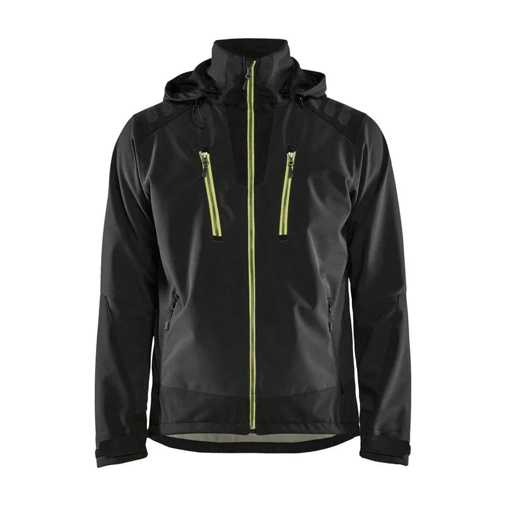 Blåkläder 4749 Stretch Hooded Softshell Jacket, wind and waterproof fabric Black Hi-vis yellow