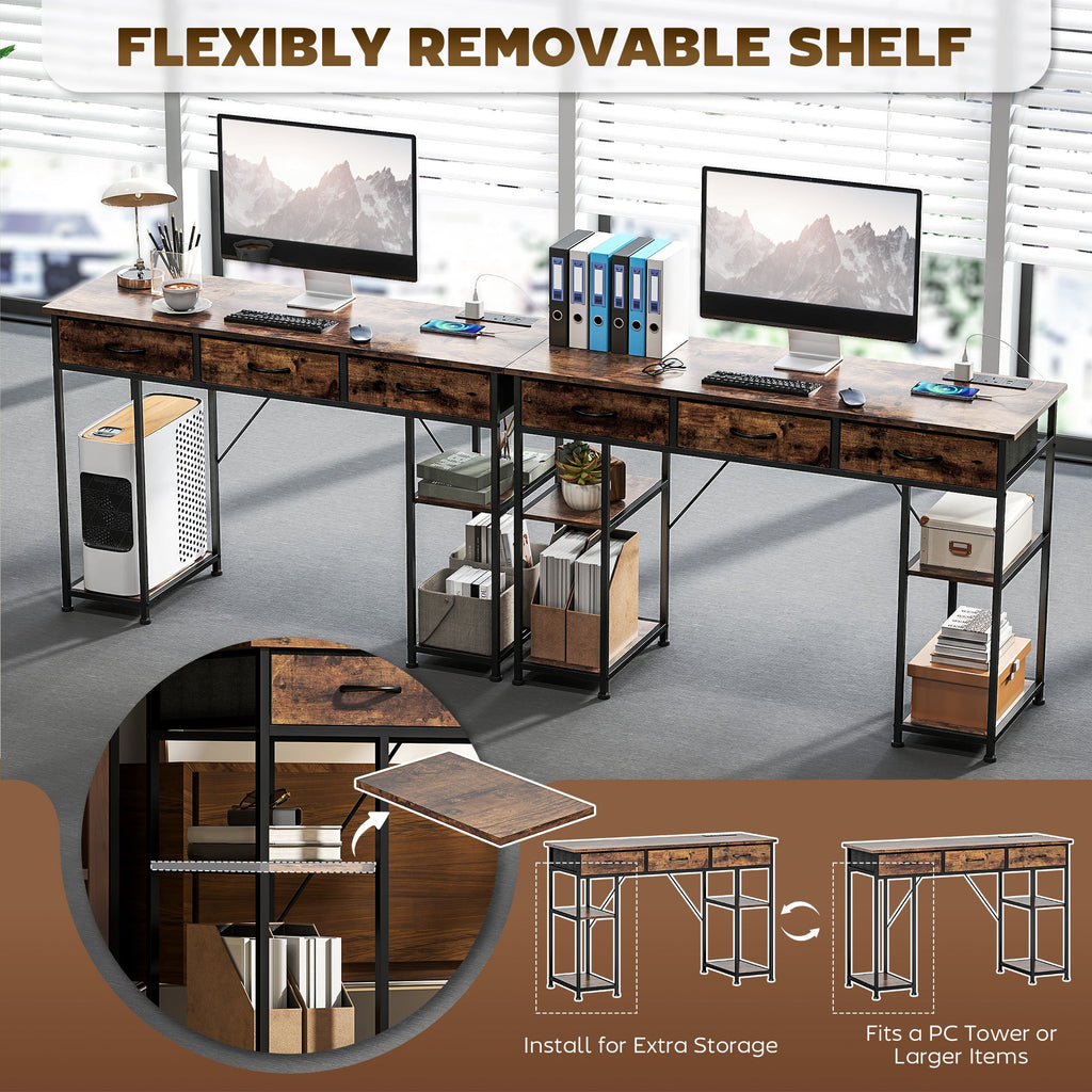 120cm Computer Desk with Power Outlets, Office Desk Study Table with 3 Fabric Drawers and 4 Storage Shelves, Rustic Brown