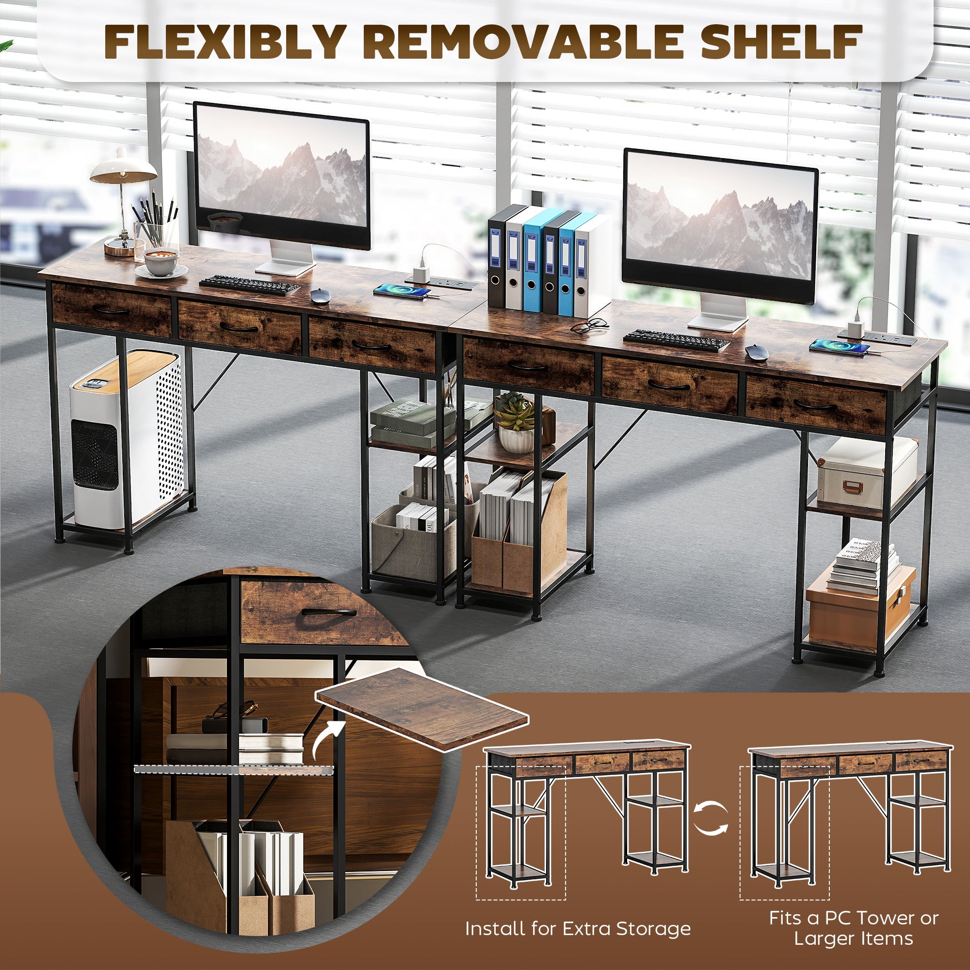 120cm Computer Desk with Power Outlets, Office Desk Study Table with 3 Fabric Drawers and 4 Storage Shelves, Rustic Brown