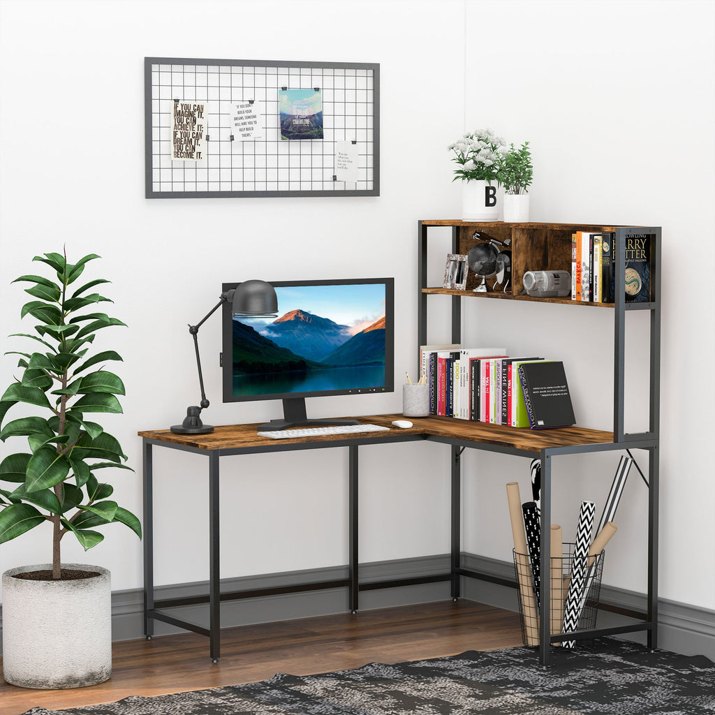 Reversible L Shaped Desk with Hutch, Industrial Computer Desk, Corner Desk with Storage Compartments and Steel Frame for Home Office, Study, 140 x 125cm, Brown