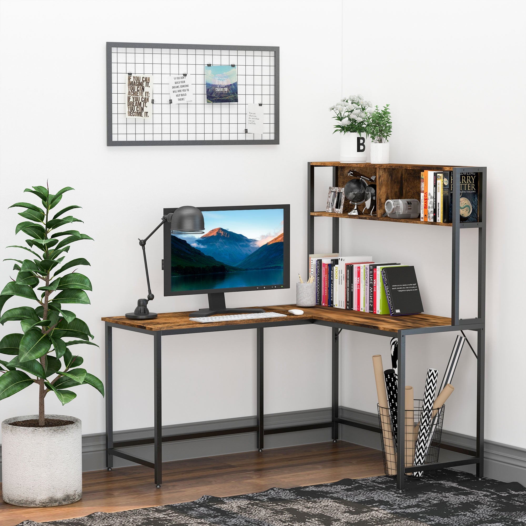 Reversible L Shaped Desk with Hutch, Industrial Computer Desk, Corner Desk with Storage Compartments and Steel Frame for Home Office, Study, 140 x 125cm, Brown